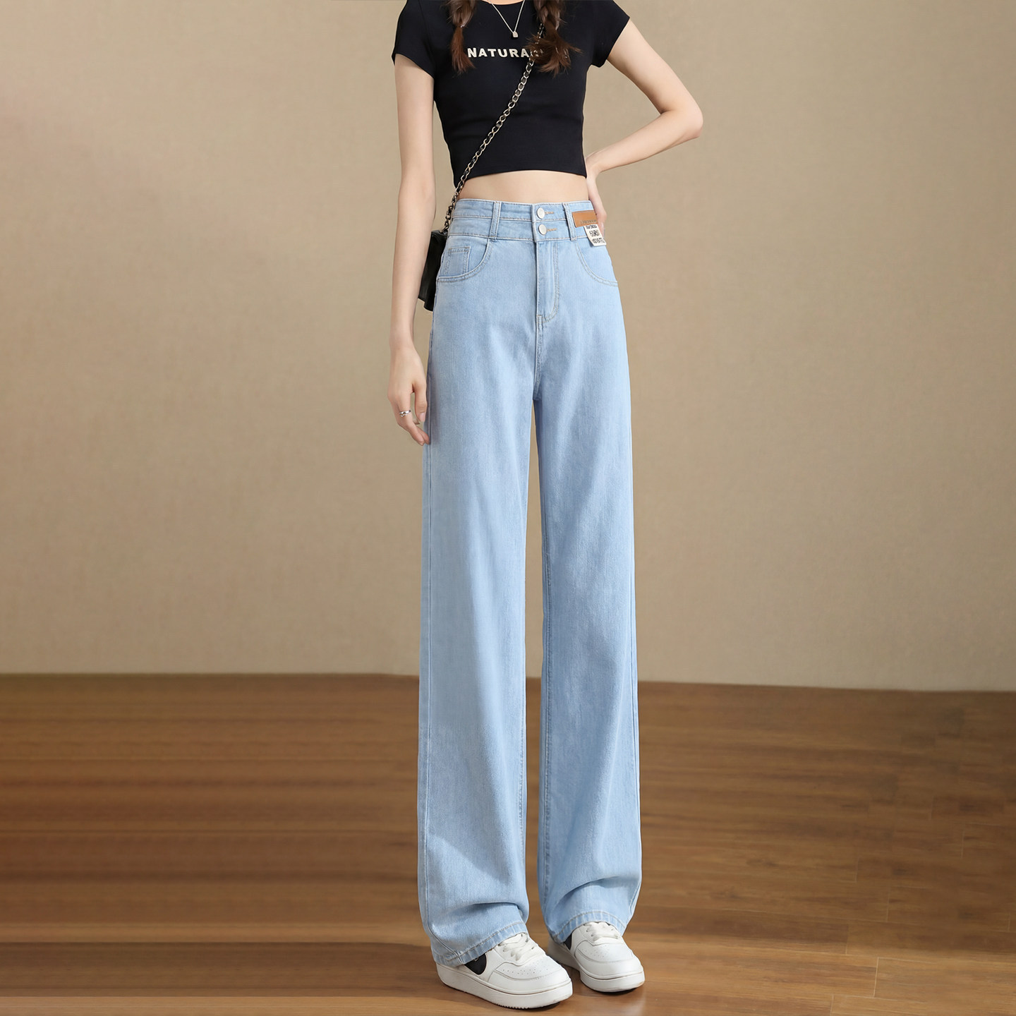 Jeans de Tiro Alto y Pierna Ancha en Tencel | Pantalón Vaquero Drapeado | Moda Sostenible Verano