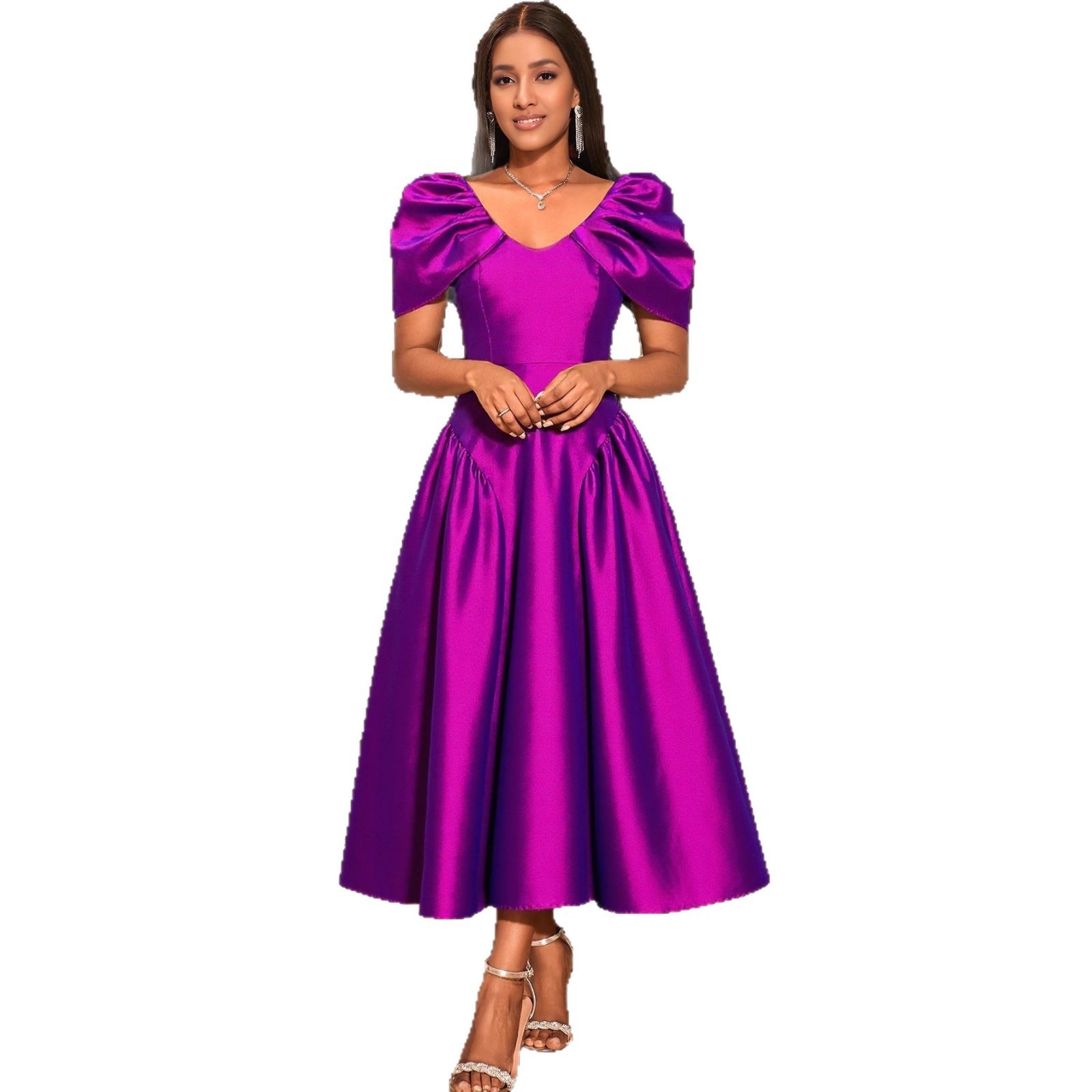 Vestido de Noche con Mangas Abullonadas y Pliegues | Púrpura Elegante para Bodas y Eventos - Imagen 4