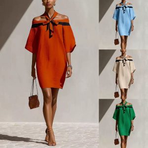 Vestido con Escote Bardot y Lazo en el Cuello | Hombros al Descubierto | Elegante Primavera-Verano