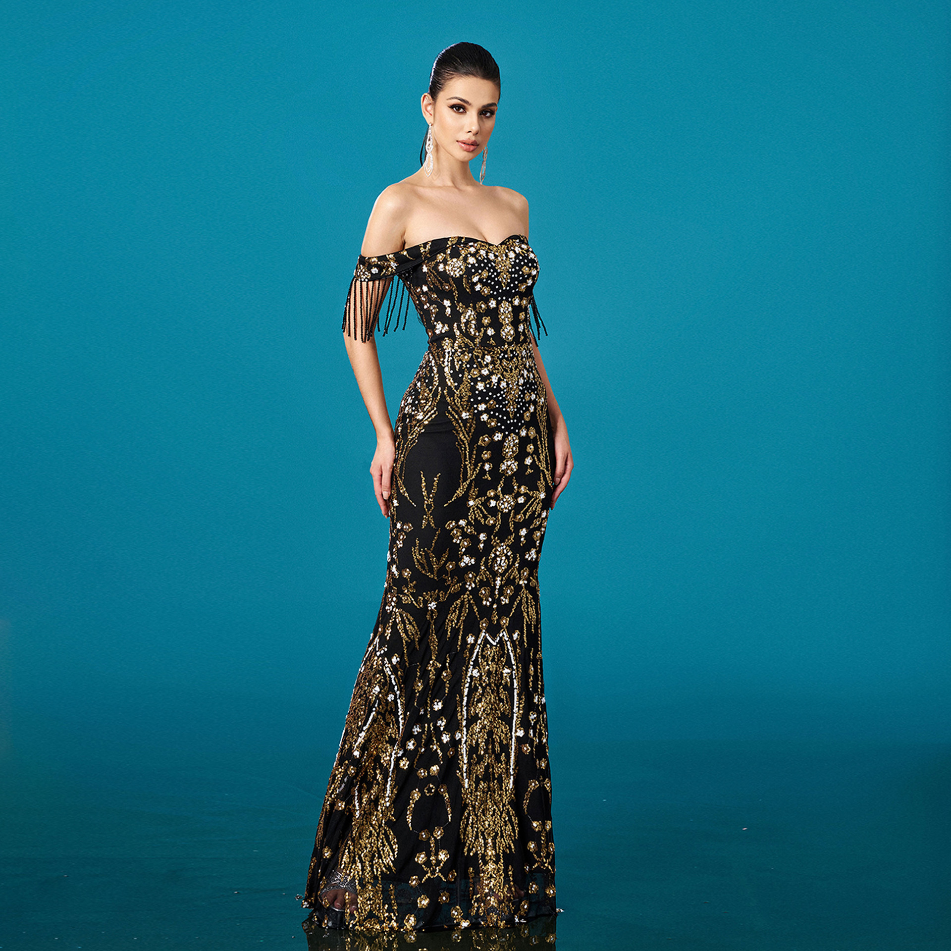 Vestido de Noche Sirena con Lentejuelas y Flecos | Escote Asimétrico Negro y Dorado | Eventos - Imagen 2