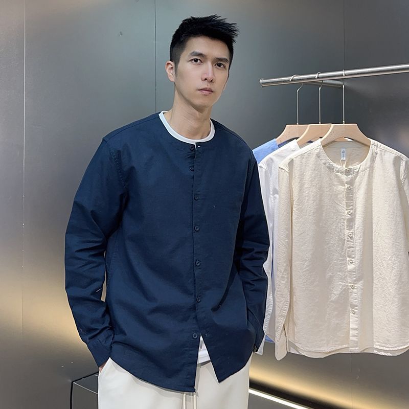 Camisa de Lino Vintage Estilo Chino con Cuello Mandarín | Azul para Hombre - Imagen 9