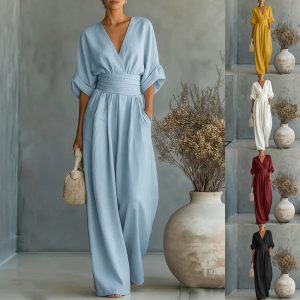 Mono de Verano de Manga Corta con Cuello en V | Jumpsuit de Pierna Ancha para Mujer | Casual 2026
