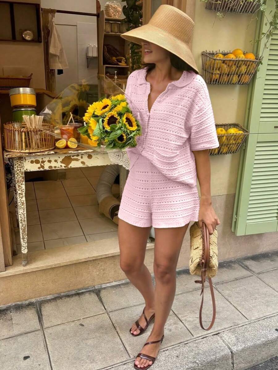 Conjunto de Cárdigan de Punto y Pantalones Cortos | Dos Piezas Color Liso | Entretiempo Verano - Imagen 2