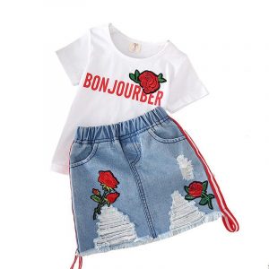 Conjunto de Camiseta y Falda Vaquera para Niña | Blanco | Tallas 100-140 cm | Ropa Moderna y Versátil para Diario | TiendasFR