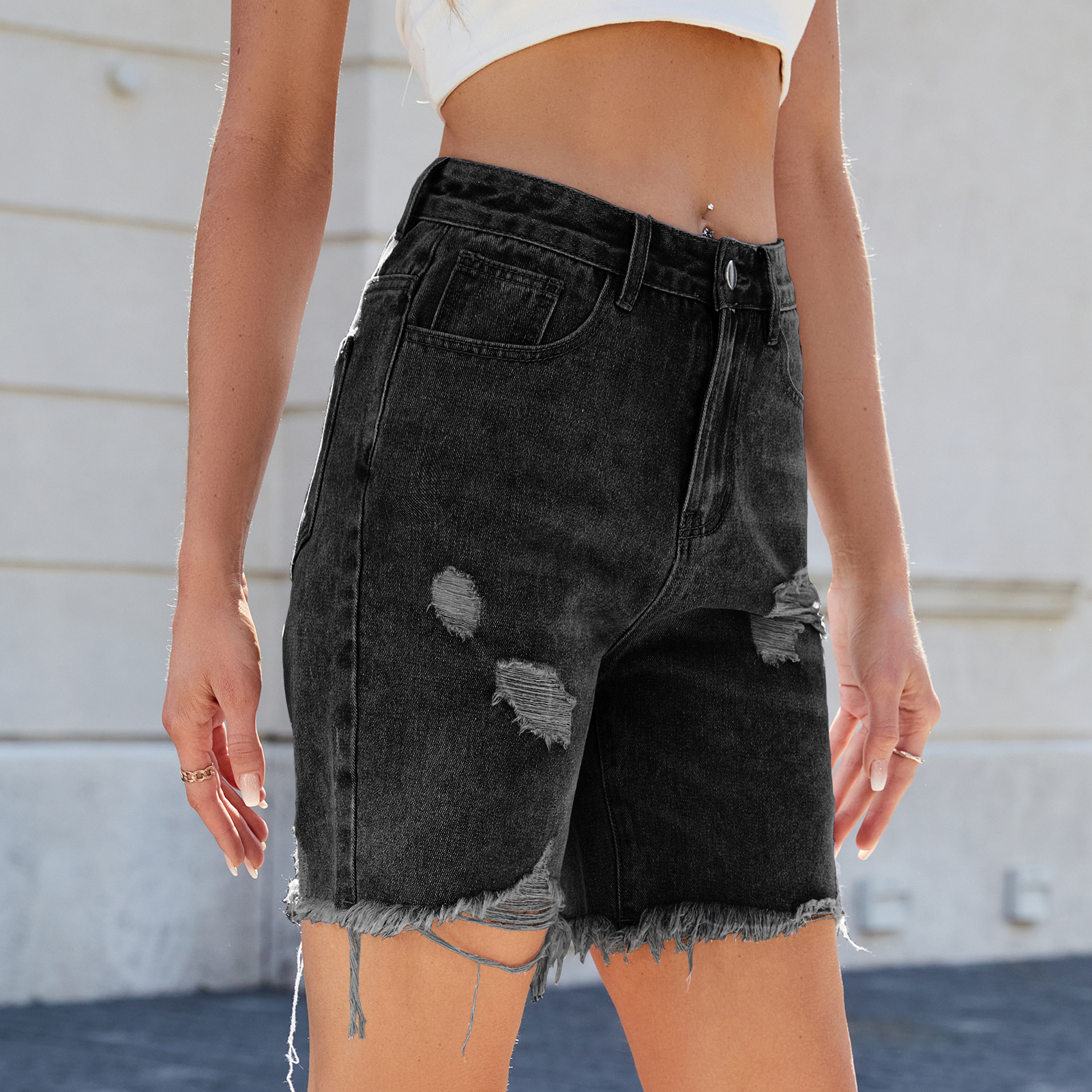 Shorts Vaqueros Deshilachados de Largo Tres Cuartos | Roto Casual para Mujer | Verano 2026 - Imagen 6