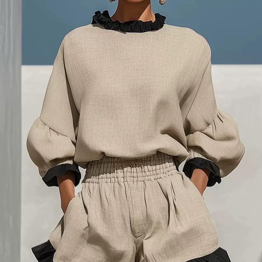 Conjunto de Top Manga Larga y Shorts de Pierna Ancha | Talle Alto Elegante | Verano 2026 - Imagen 4
