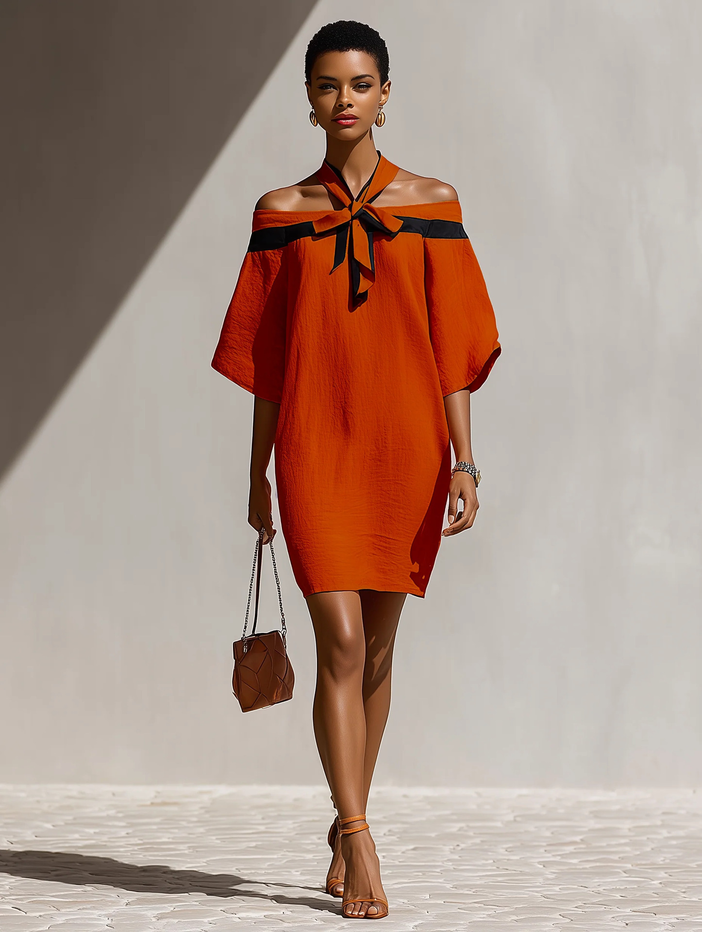Vestido con Escote Bardot y Lazo en el Cuello | Hombros al Descubierto | Elegante Primavera-Verano - Imagen 5