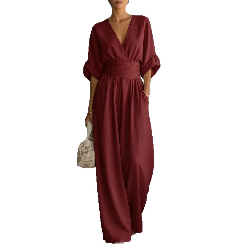 Mono de Verano de Manga Corta con Cuello en V | Jumpsuit de Pierna Ancha para Mujer | Casual 2026 - Imagen 4