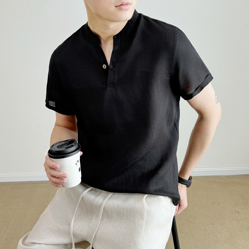Camisa de Manga Corta Transpirable con Cuello en V para Hombre | Corte Holgado Beige - Imagen 7