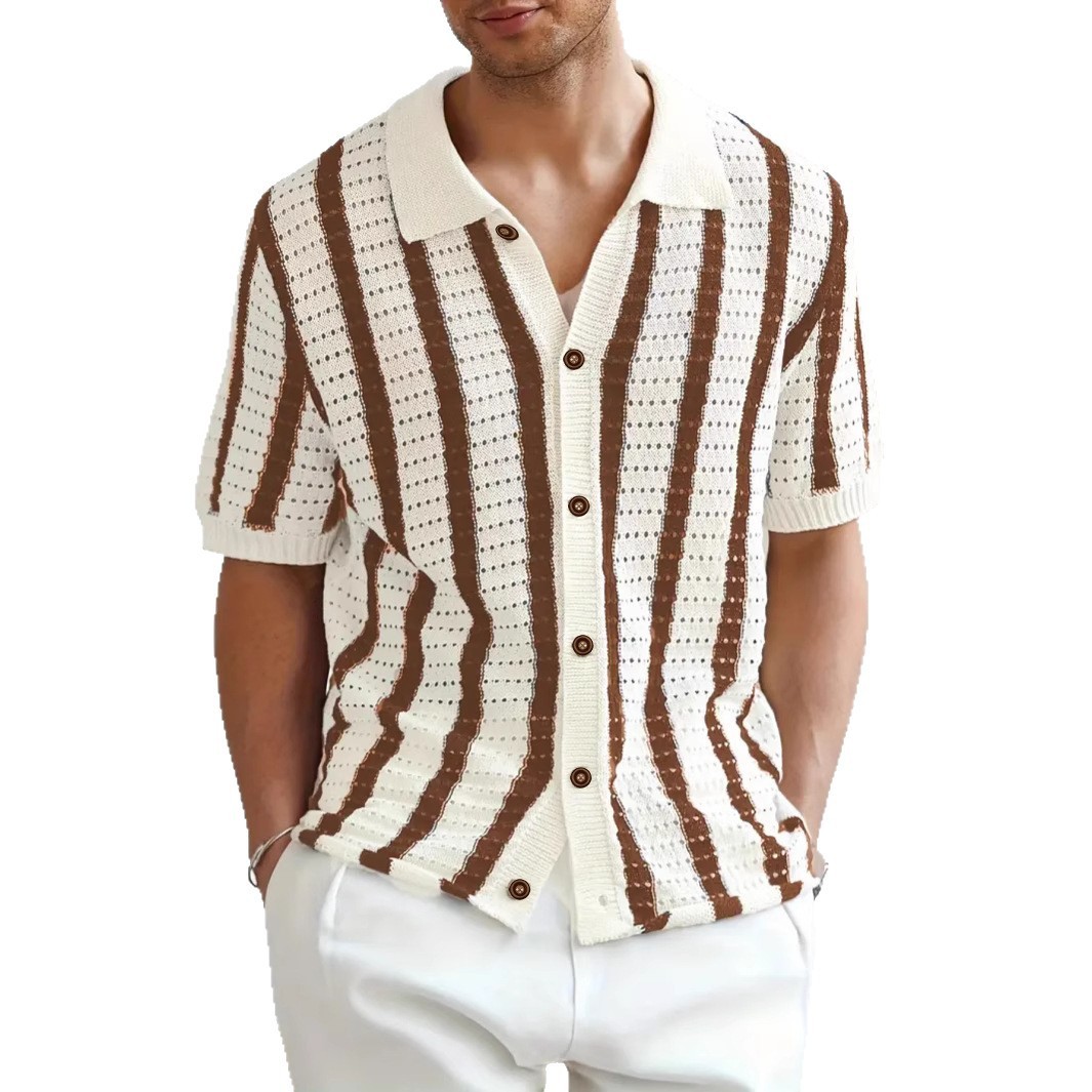 Jersey de Punto con Solapa y Rayas Verticales Caladas | Verano para Hombre en Albaricoque y Café - Imagen 3