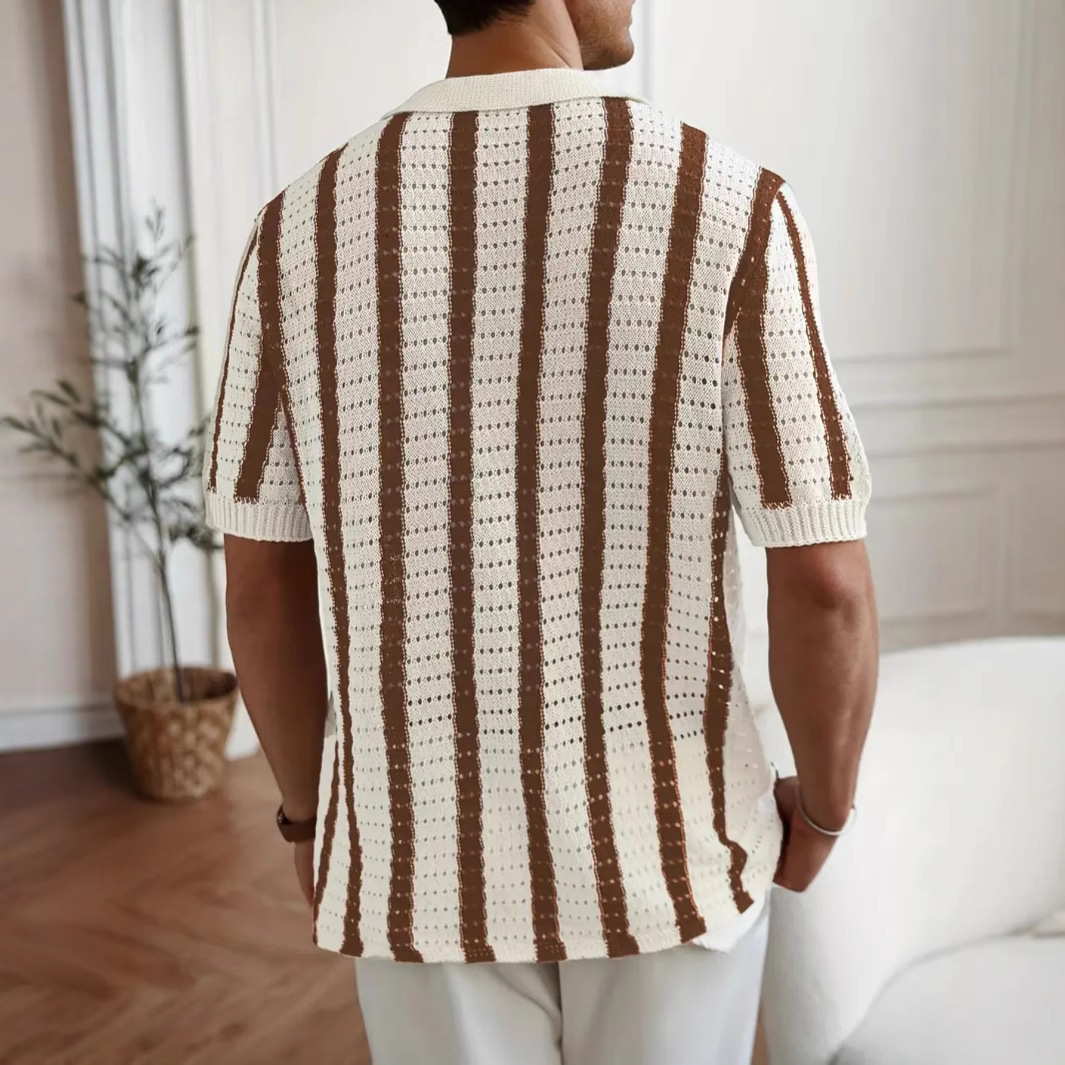 Jersey de Punto con Solapa y Rayas Verticales Caladas | Verano para Hombre en Albaricoque y Café - Imagen 4