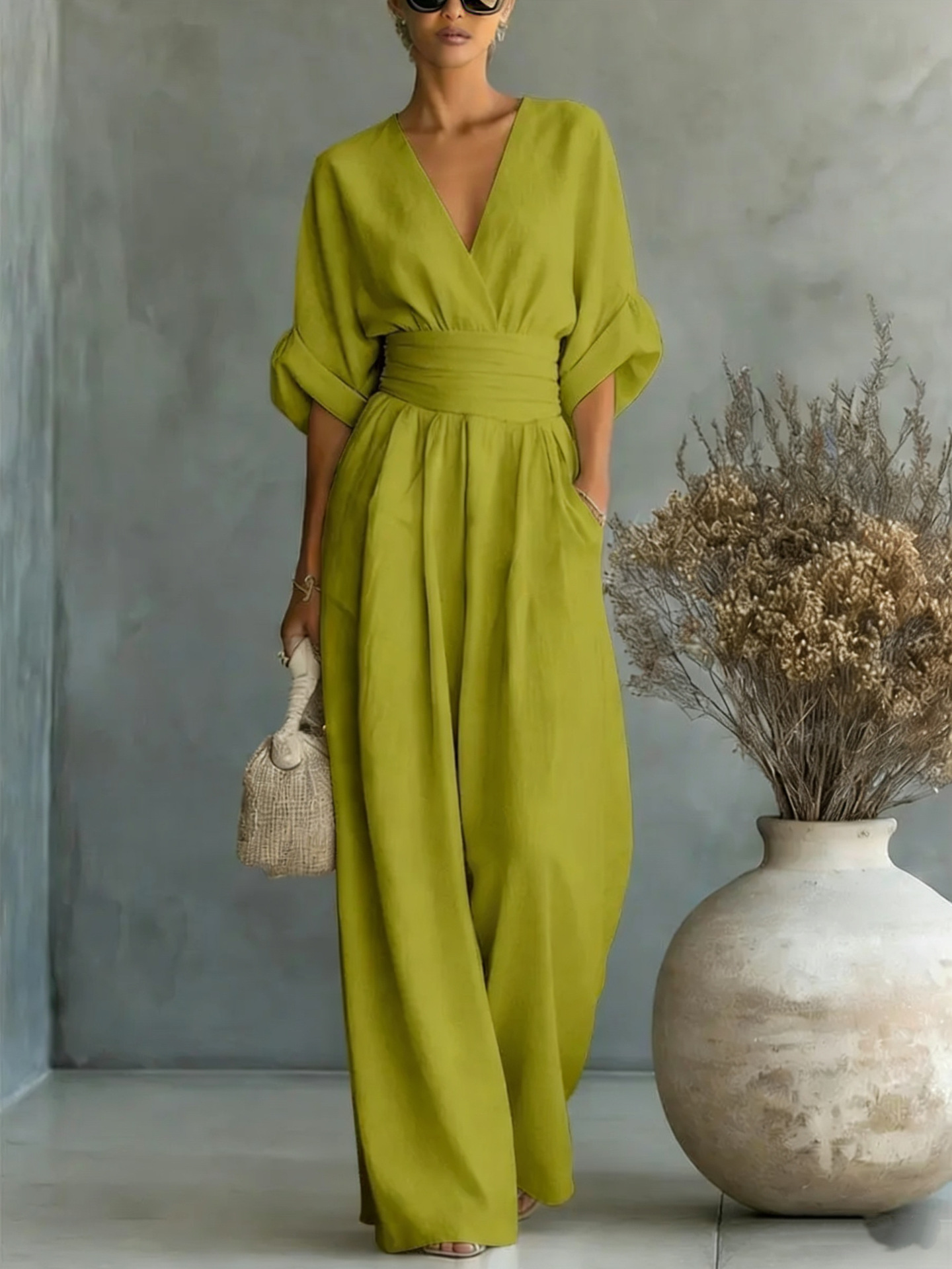 Mono de Verano de Manga Corta con Cuello en V | Jumpsuit de Pierna Ancha para Mujer | Casual 2026 - Imagen 5