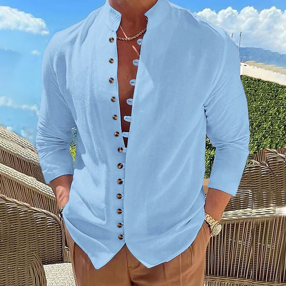 Camisa Retro de Algodón y Lino Manga Larga para Hombre | Corte Holgado Negro