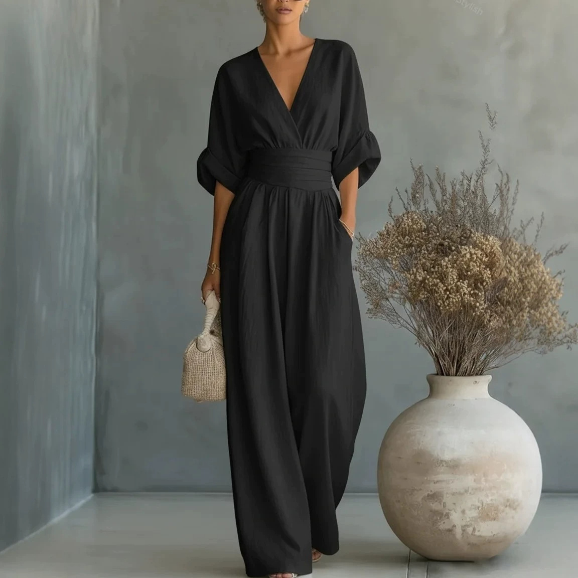 Mono de Verano de Manga Corta con Cuello en V | Jumpsuit de Pierna Ancha para Mujer | Casual 2026 - Imagen 9