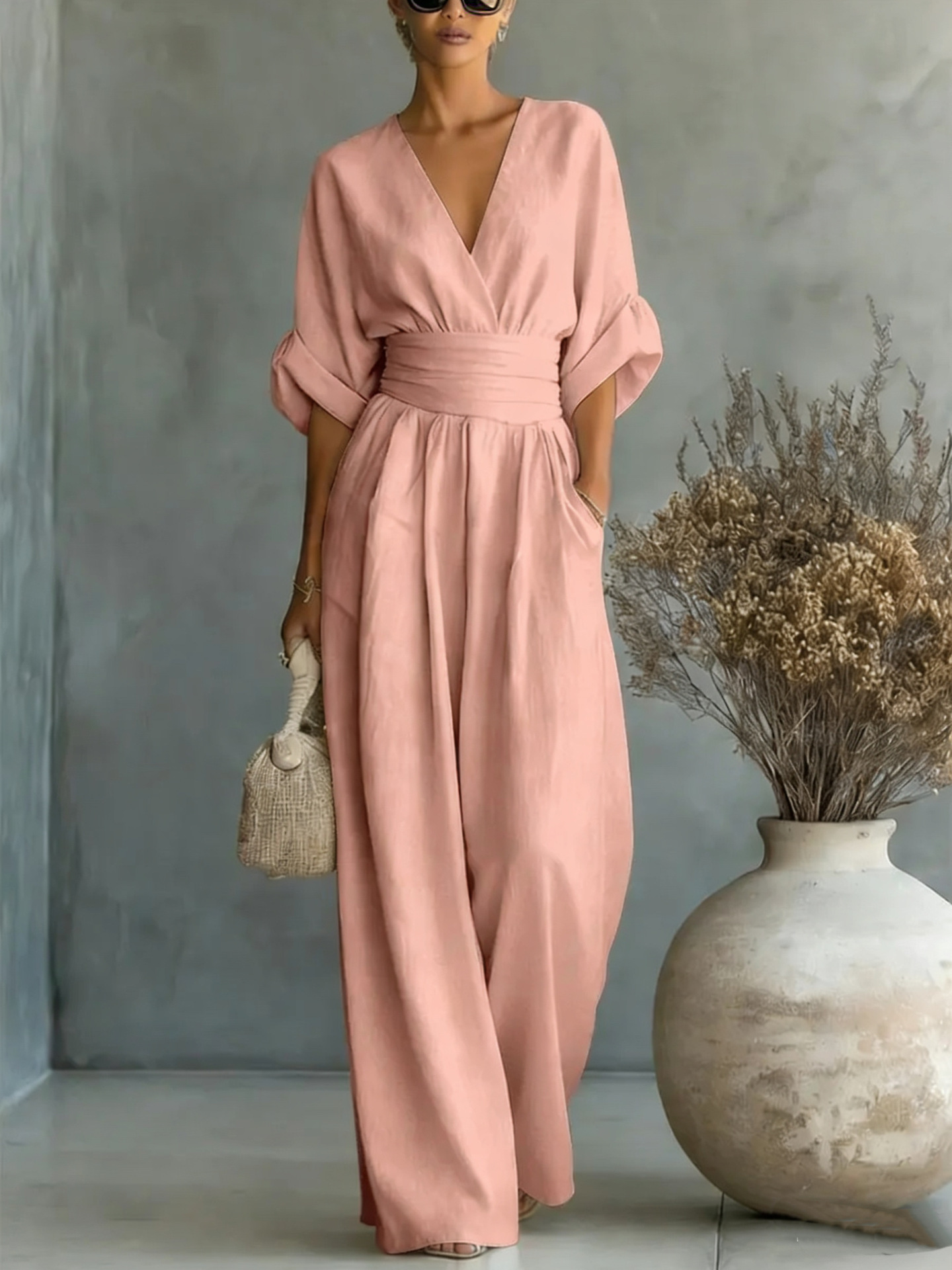Mono de Verano de Manga Corta con Cuello en V | Jumpsuit de Pierna Ancha para Mujer | Casual 2026 - Imagen 7
