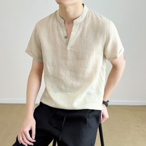 Camisa de Manga Corta Transpirable con Cuello en V para Hombre | Corte Holgado Beige