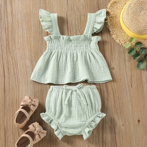 Conjunto de Top de Tirantes y Shorts para Niña | Verde | Tallas 70-110 cm | Ropa Fresca para Verano | TiendasFR