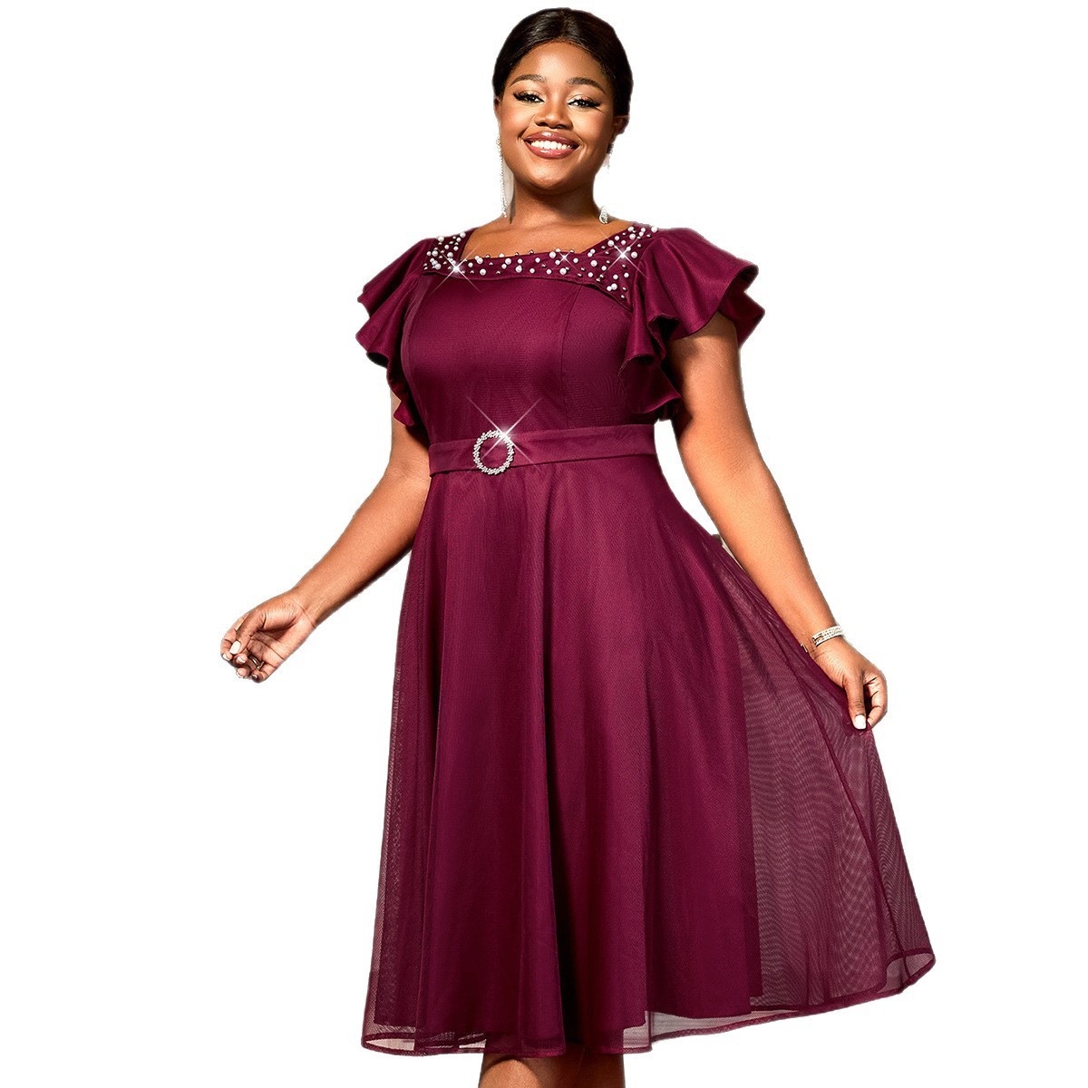 Vestido de Verano con Mangas de Mariposa y Malla | Elegante para Bodas y Eventos en Vino Tinto - Imagen 3