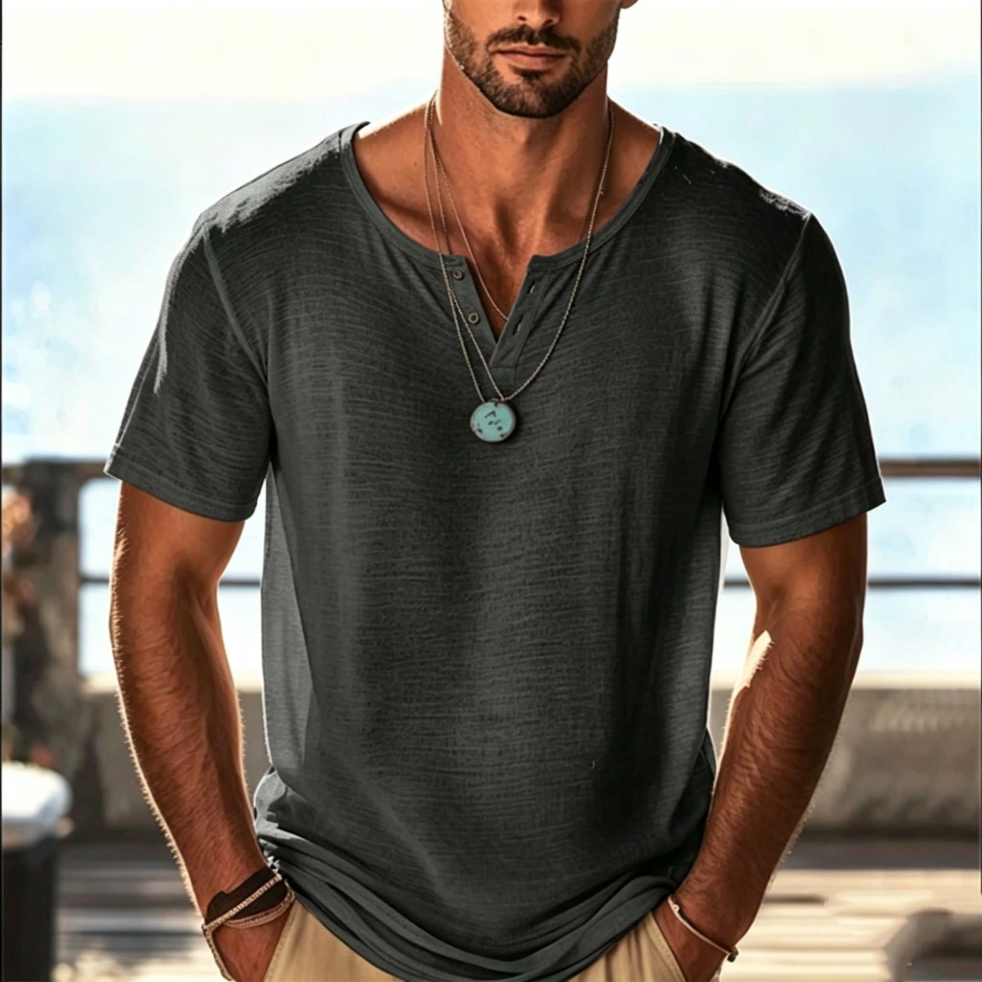 Camiseta de Verano Manga Corta Color Liso para Hombre | Beige Multicolor Casual - Imagen 7