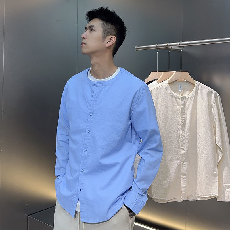 Camisa de Lino Vintage Estilo Chino con Cuello Mandarín | Azul para Hombre - Imagen 6