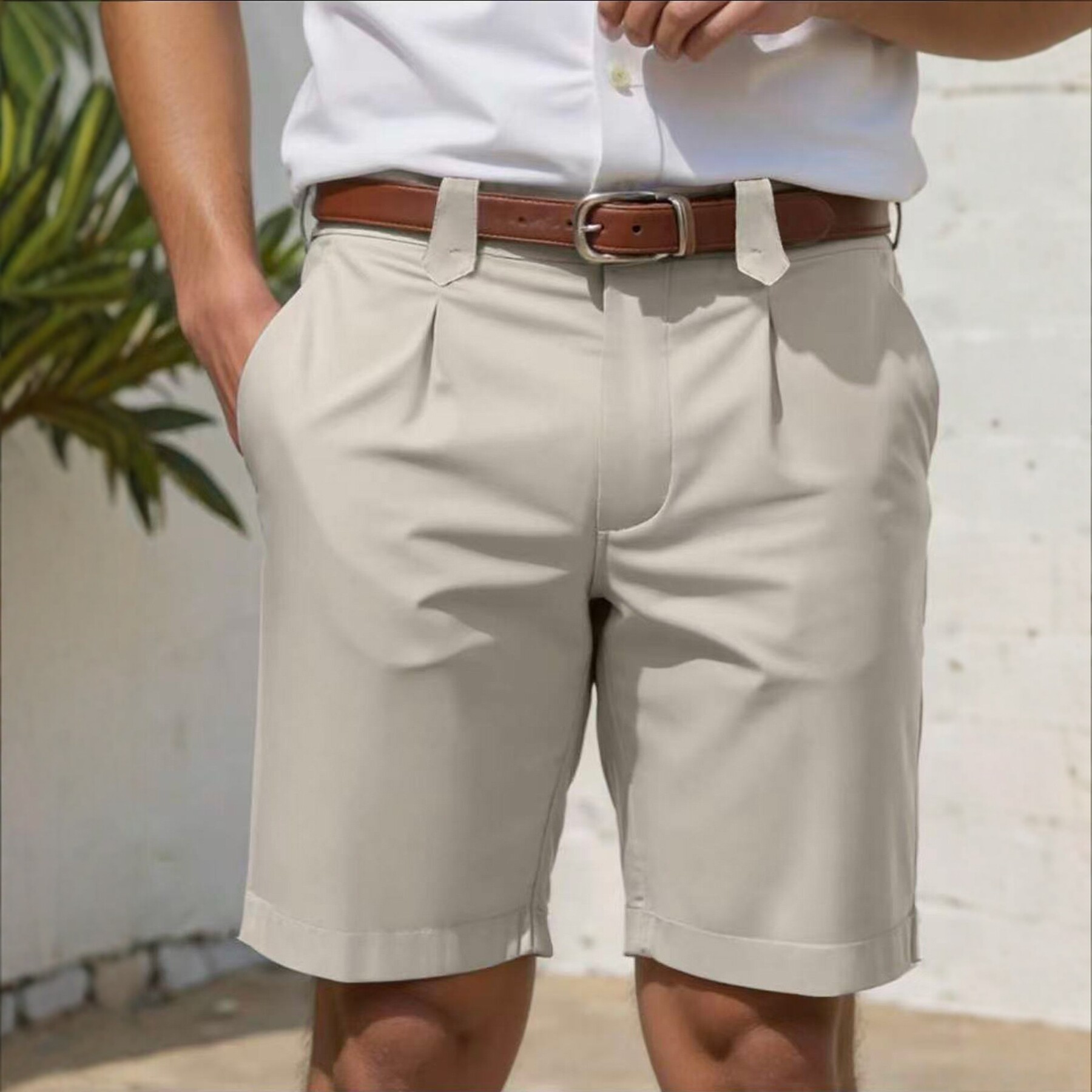 Pantalones Cortos Ajustados de Pierna Recta para Hombre | Casual de Negocios en Beige