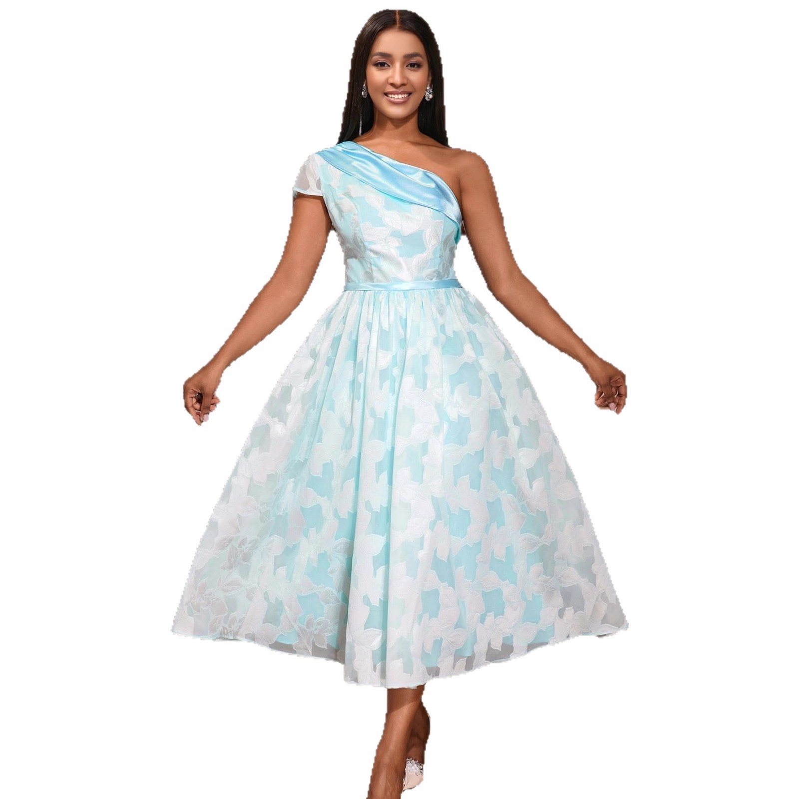 Vestido de Noche con Hombro Oblicuo y Contraste de Colores | Jacquard Elegante para Eventos - Imagen 4