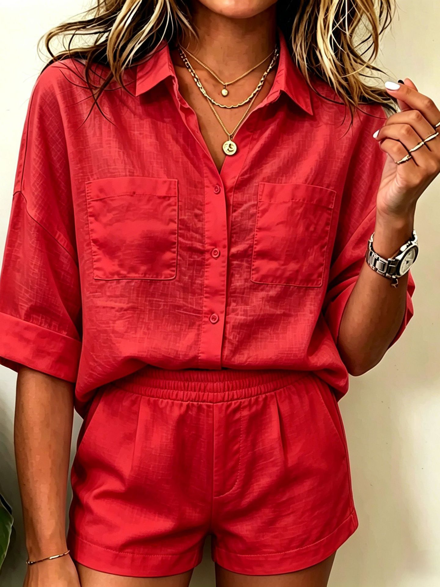 Conjunto de Camisa y Pantalón Corto para Mujer | Estilo Europeo y Americano | Color Liso Verano - Imagen 7