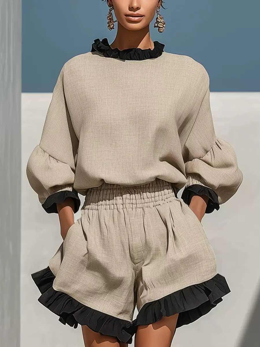 Conjunto de Top Manga Larga y Shorts de Pierna Ancha | Talle Alto Elegante | Verano 2026 - Imagen 6