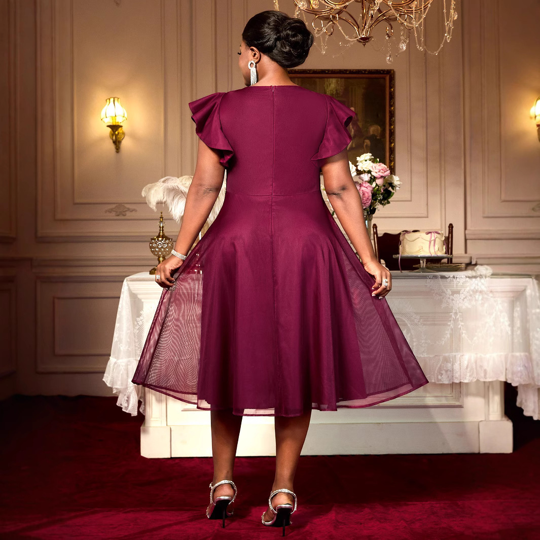 Vestido de Verano con Mangas de Mariposa y Malla | Elegante para Bodas y Eventos en Vino Tinto - Imagen 4