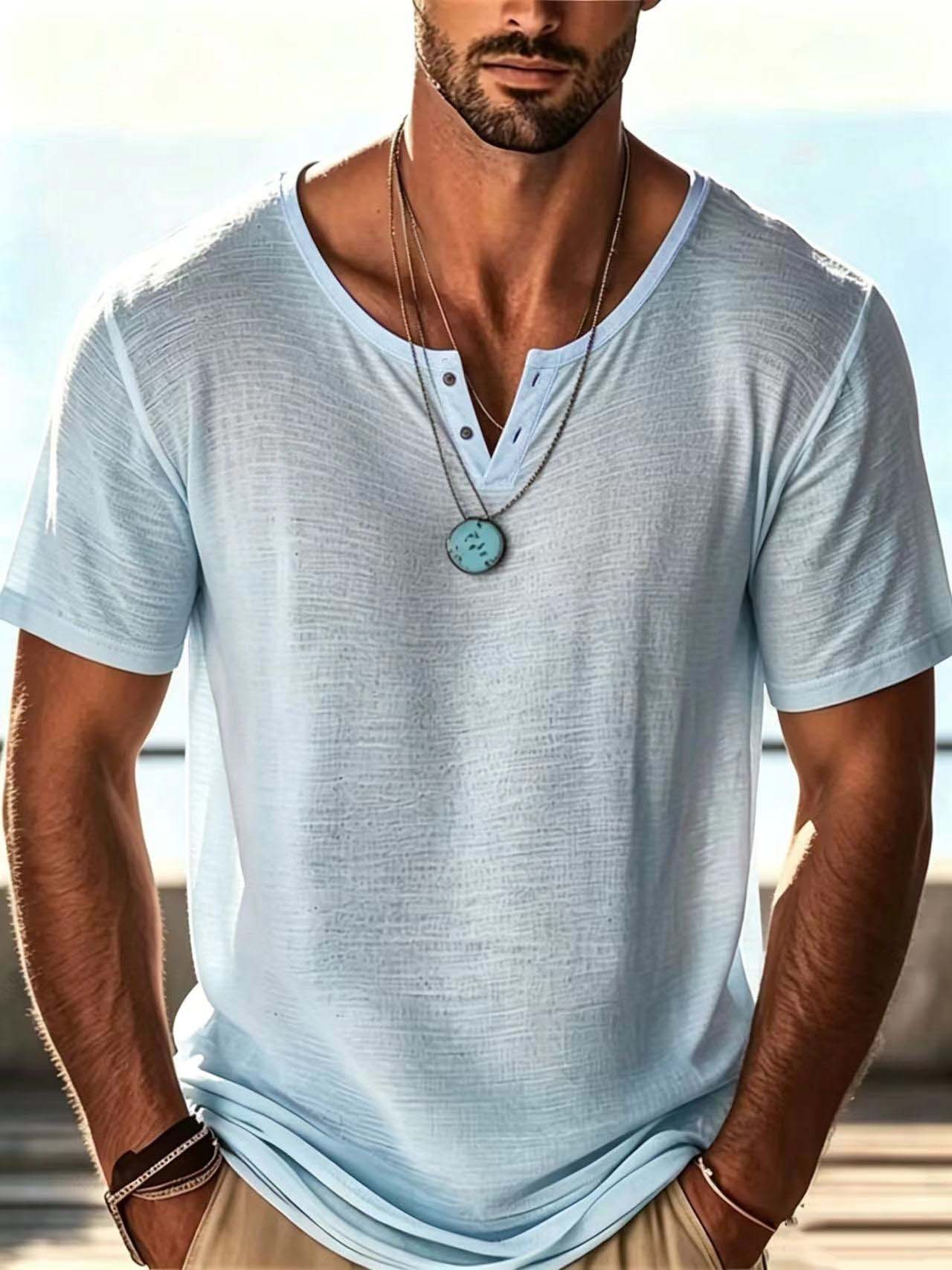Camiseta de Verano Manga Corta Color Liso para Hombre | Beige Multicolor Casual - Imagen 4