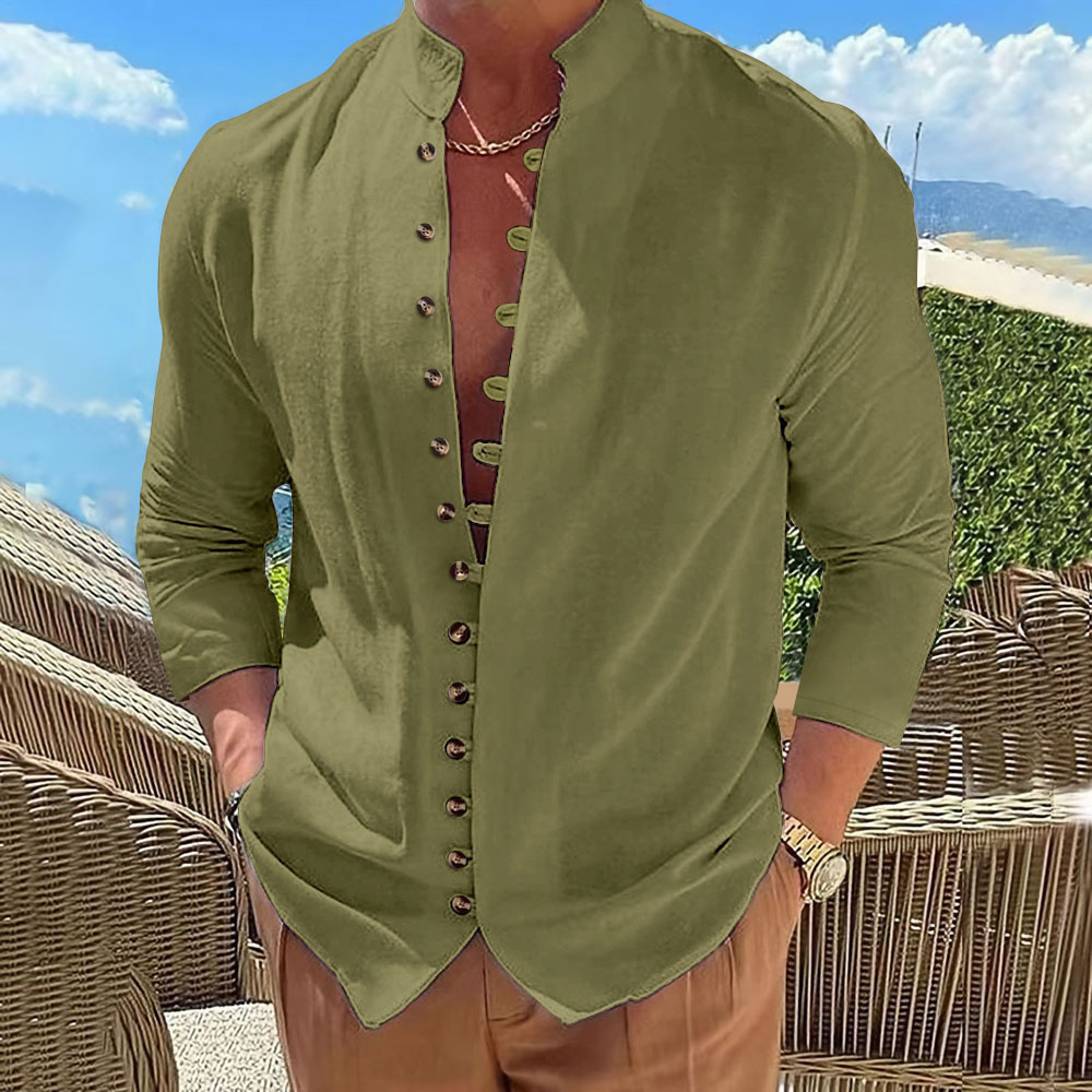 Camisa Retro de Algodón y Lino Manga Larga para Hombre | Corte Holgado Negro - Imagen 8