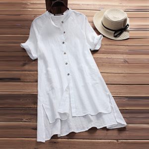 Camisa de Algodón y Lino con Bolsillos para Mujer | Manga Raglán Estilo Casual | Tallas Grandes