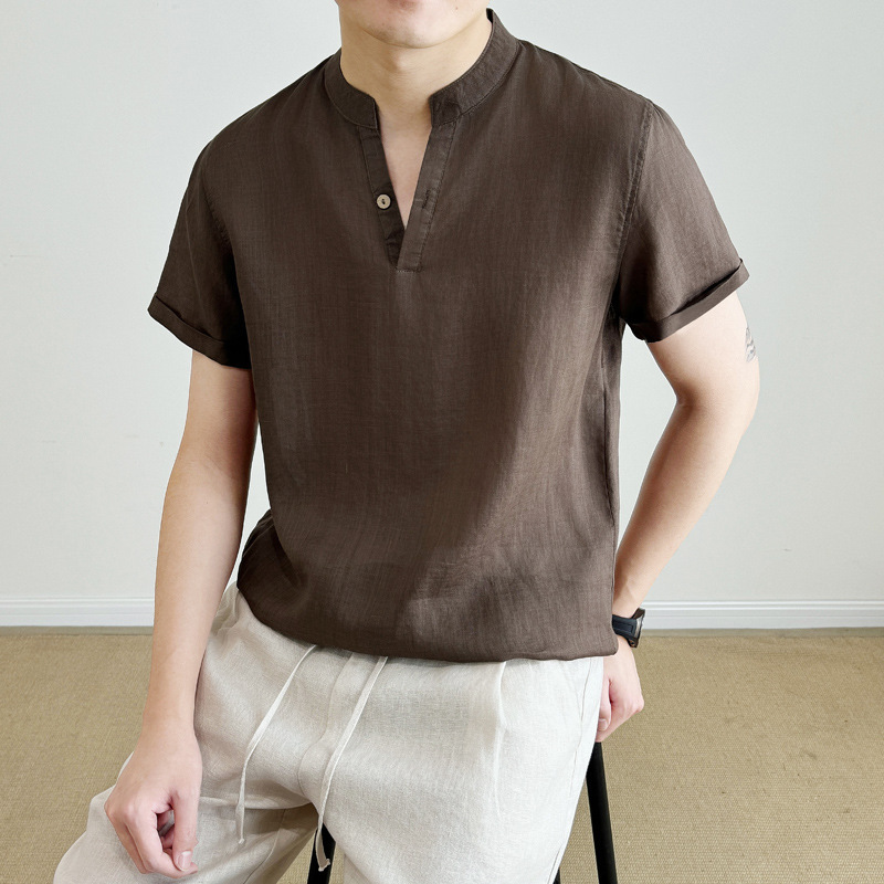Camisa de Manga Corta Transpirable con Cuello en V para Hombre | Corte Holgado Beige - Imagen 3