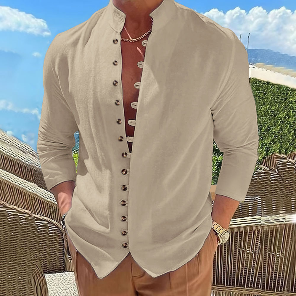 Camisa Retro de Algodón y Lino Manga Larga para Hombre | Corte Holgado Negro - Imagen 5