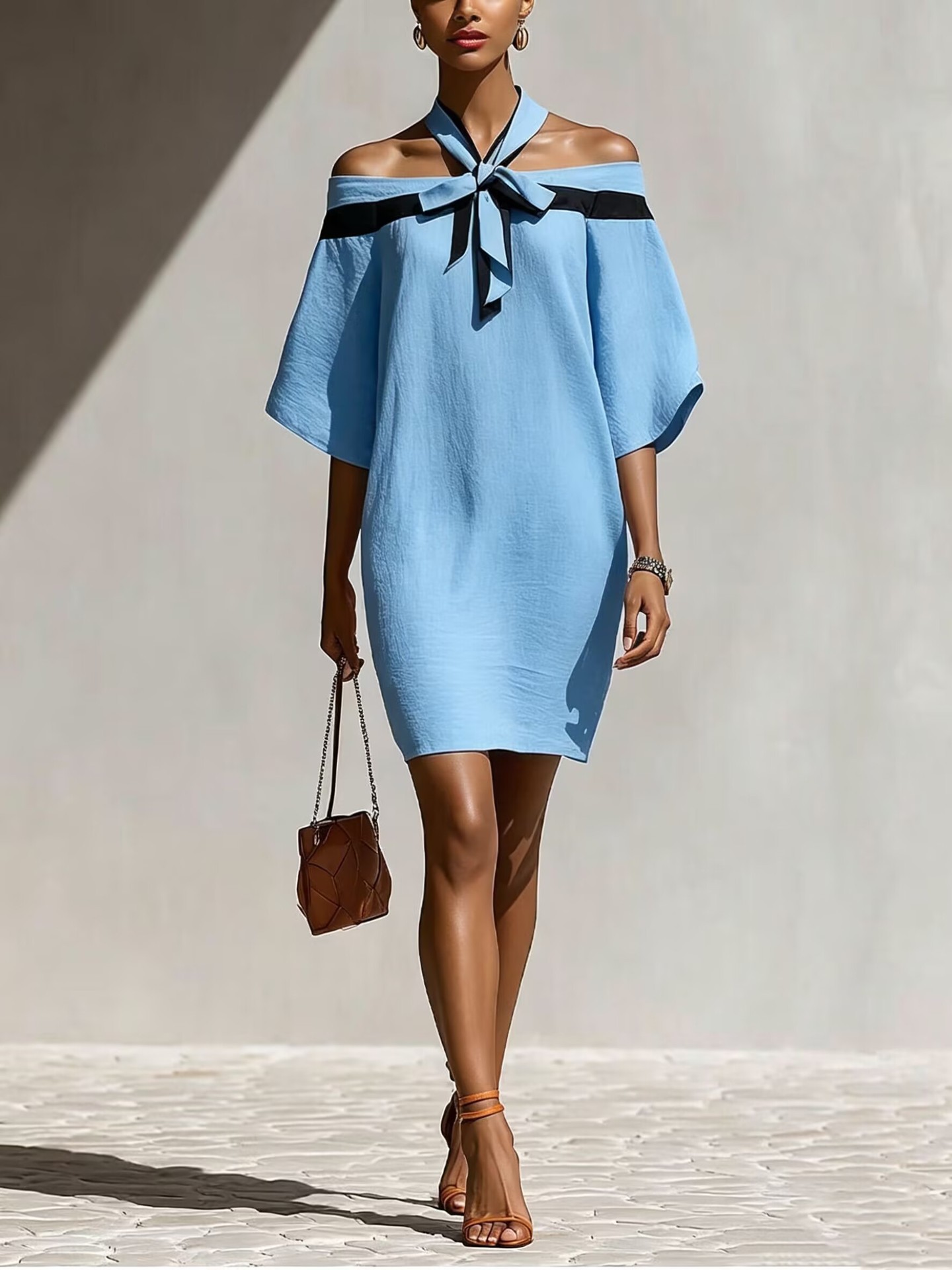 Vestido con Escote Bardot y Lazo en el Cuello | Hombros al Descubierto | Elegante Primavera-Verano - Imagen 7