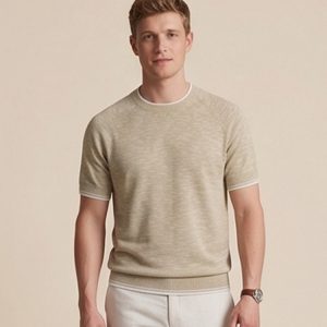 Suéter de Punto Ligero de Manga Corta para Hombre | Cuello Redondo Albaricoque Lujo