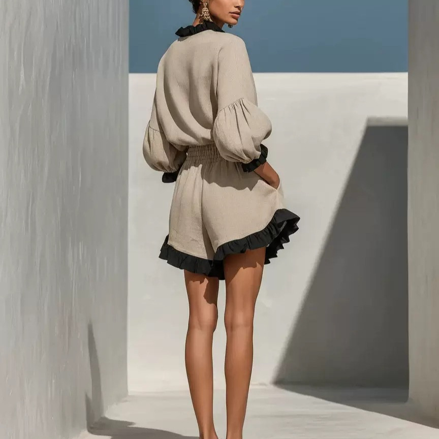 Conjunto de Top Manga Larga y Shorts de Pierna Ancha | Talle Alto Elegante | Verano 2026 - Imagen 3