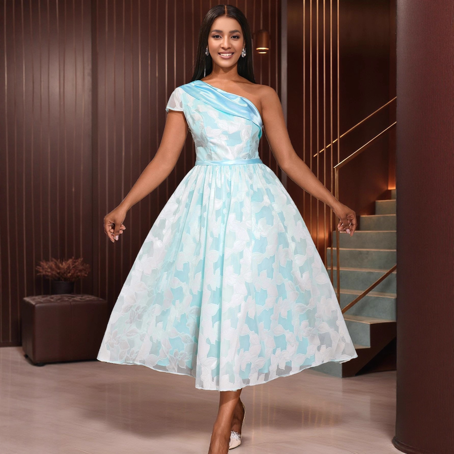 Vestido de Noche con Hombro Oblicuo y Contraste de Colores | Jacquard Elegante para Eventos