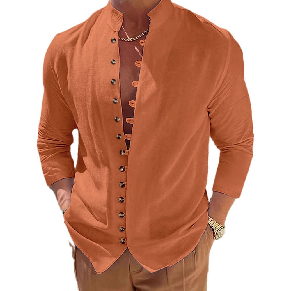 Camisa Retro de Algodón y Lino Manga Larga para Hombre | Corte Holgado Negro - Imagen 2