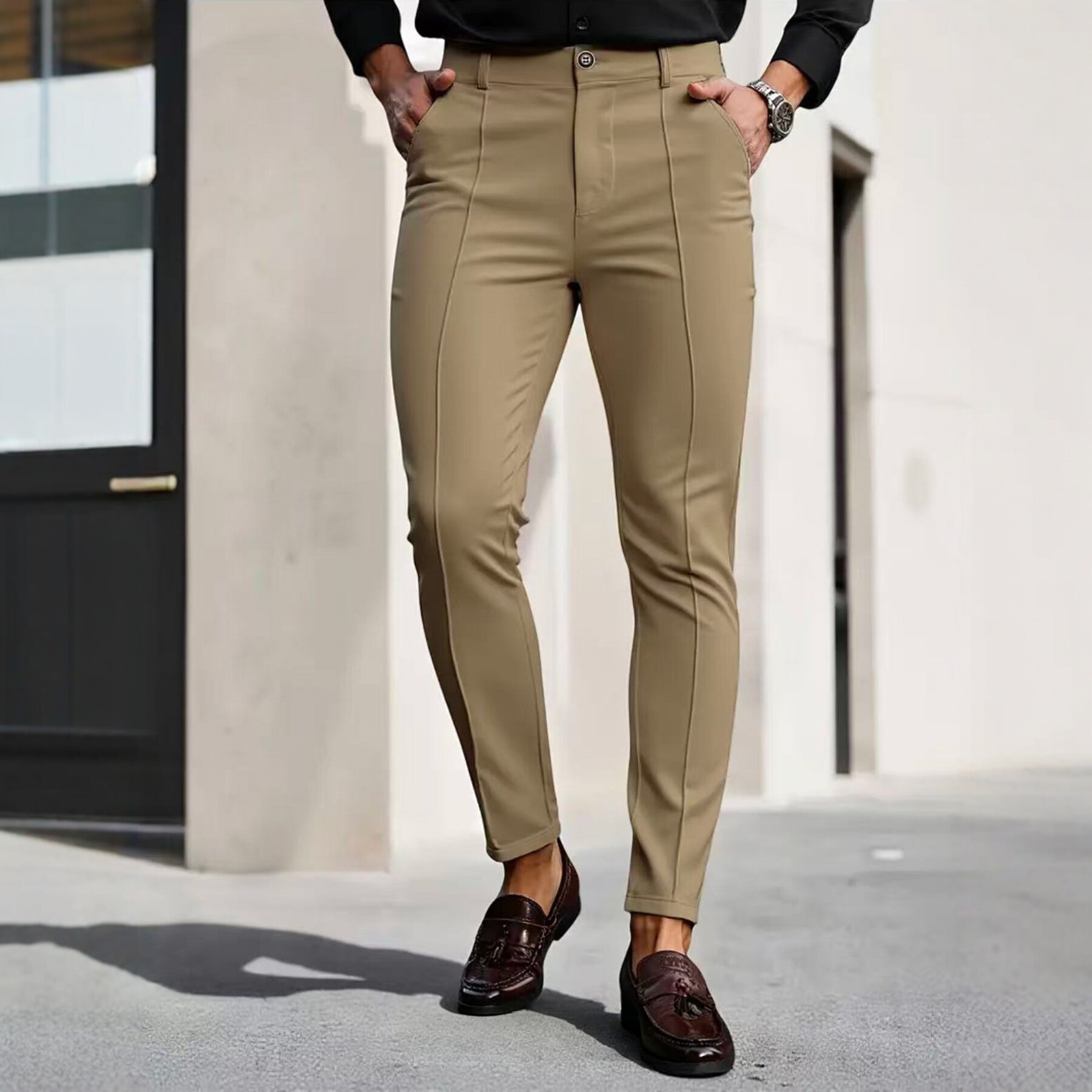 Pantalones de Vestir Cortos Elásticos para Hombre | Corte Ajustado Color Albaricoque