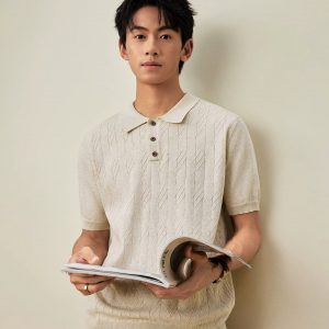 Camiseta de Punto Retro Estilo Japonés para Hombre | Albaricoque y Casual