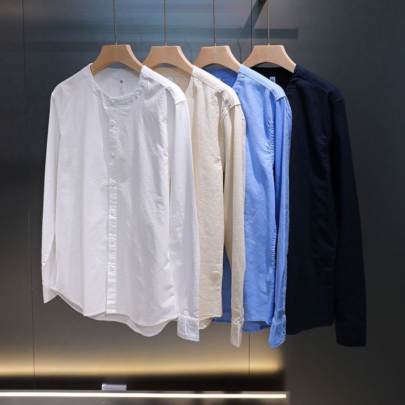Camisa de Lino Vintage Estilo Chino con Cuello Mandarín | Azul para Hombre - Imagen 7