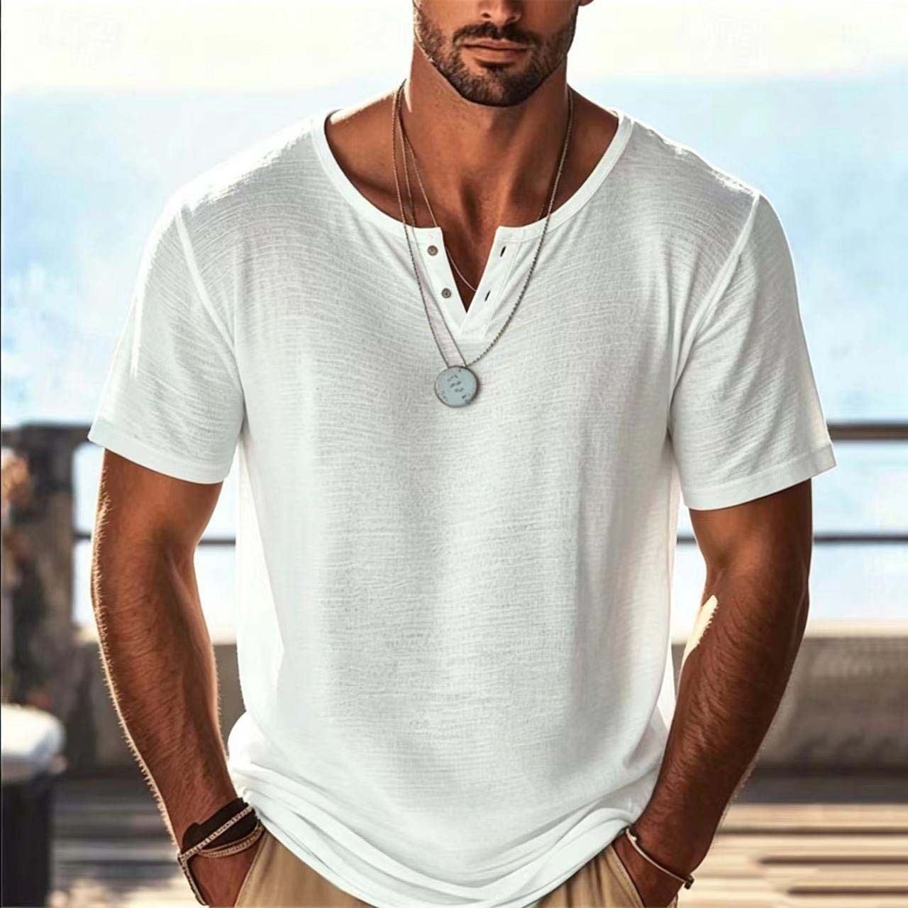 Camiseta de Verano Manga Corta Color Liso para Hombre | Beige Multicolor Casual - Imagen 2