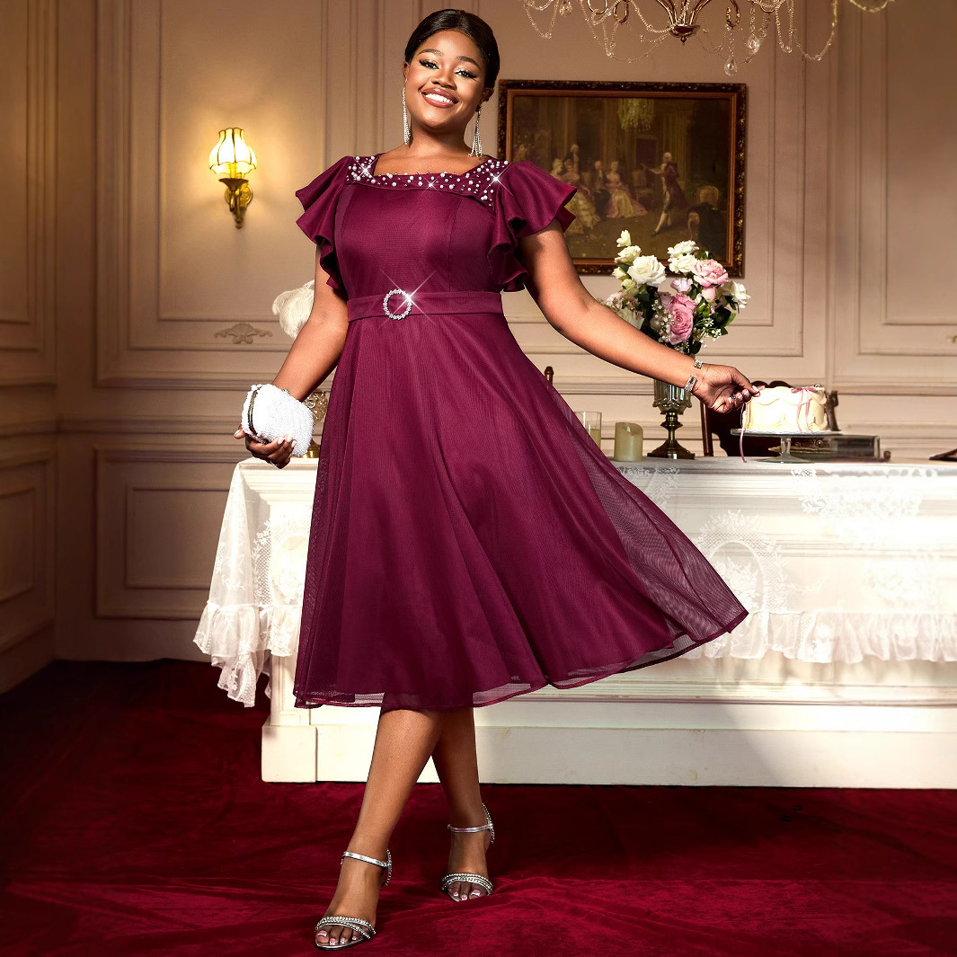 Vestido de Verano con Mangas de Mariposa y Malla | Elegante para Bodas y Eventos en Vino Tinto - Imagen 2