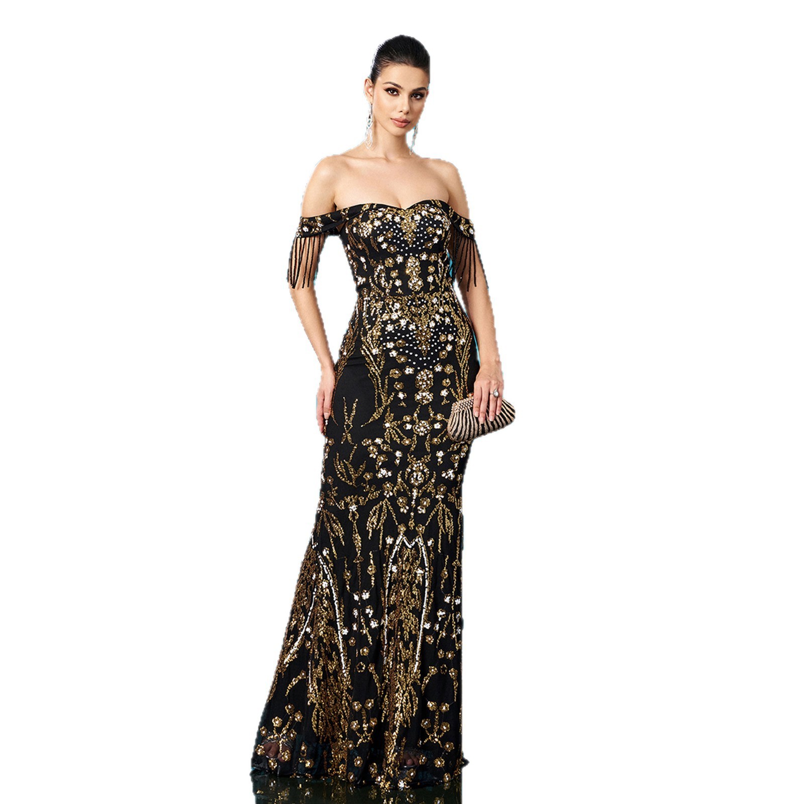 Vestido de Noche Sirena con Lentejuelas y Flecos | Escote Asimétrico Negro y Dorado | Eventos - Imagen 6
