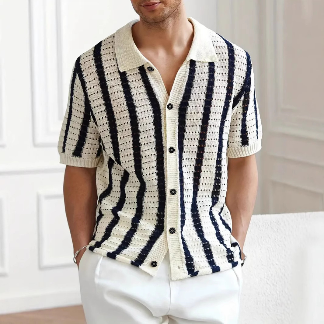 Jersey de Punto con Solapa y Rayas Verticales Caladas | Verano para Hombre en Albaricoque y Café - Imagen 2