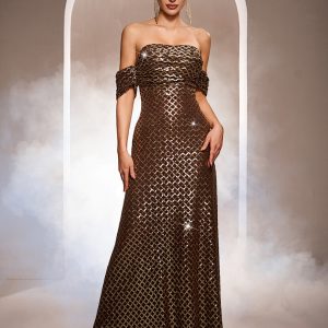 Vestido de Noche con Escote Bardot y Lentejuelas Doradas | Silueta A Elegante | Bodas y Eventos